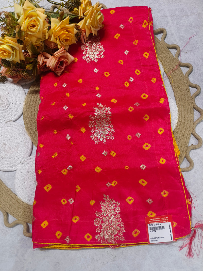 Traditional Crimson Red Bandhani Saree with Gold Floral Medallions