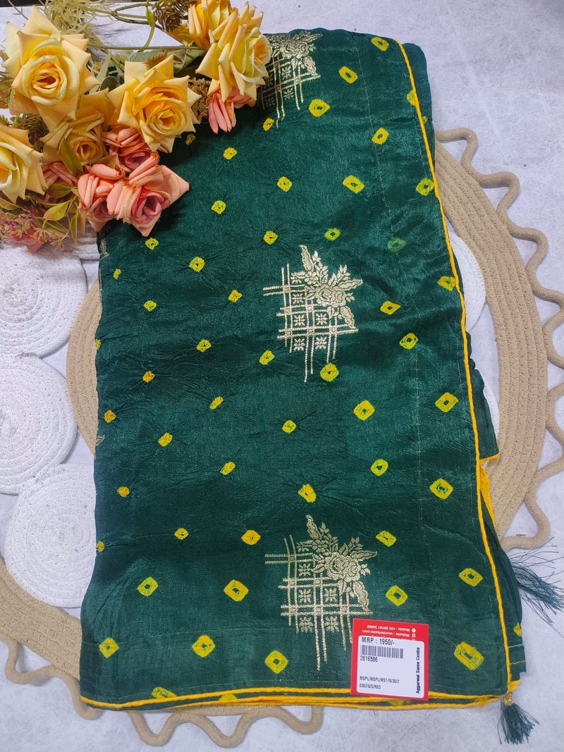 Enchanting Emerald Green Bandhani Saree with Geometric Gold Zari Work