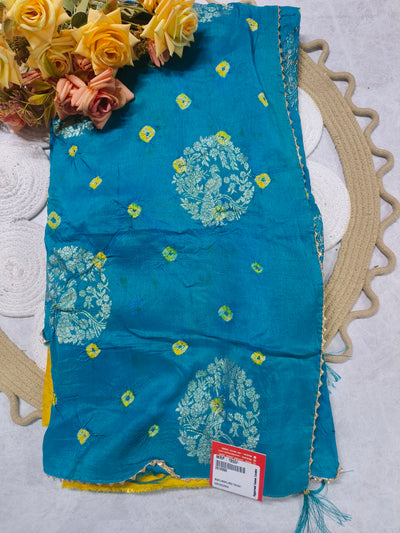 Regal Teal Blue Bandhani Saree with Gold Mandala Zari Motifs