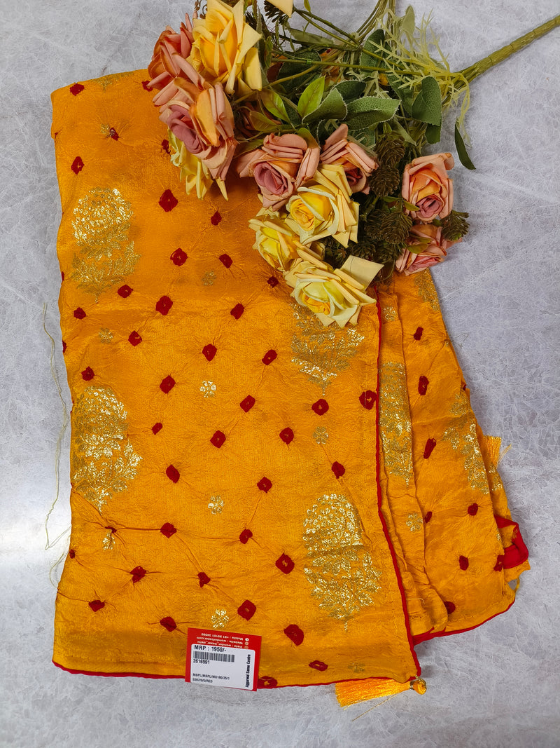Radiant Mustard Yellow Bandhani Saree with Red Accents and Zari