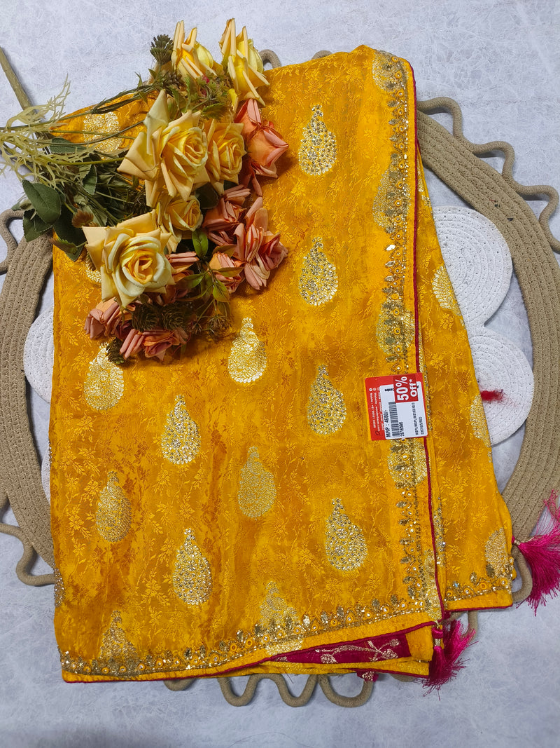Radiant Yellow Embellished Dola Silk Saree with Zari Motifs