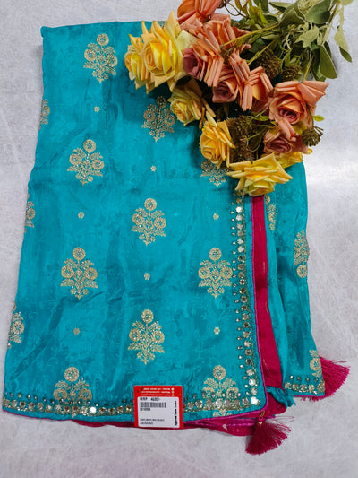 Oceanic Teal Blue Fancy Saree with Mirror Work Border and Tassels