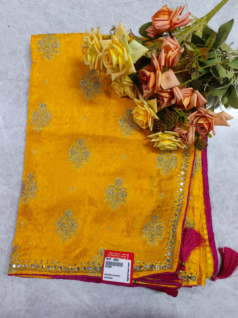Oceanic Teal Blue Fancy Saree with Mirror Work Border and Tassels
