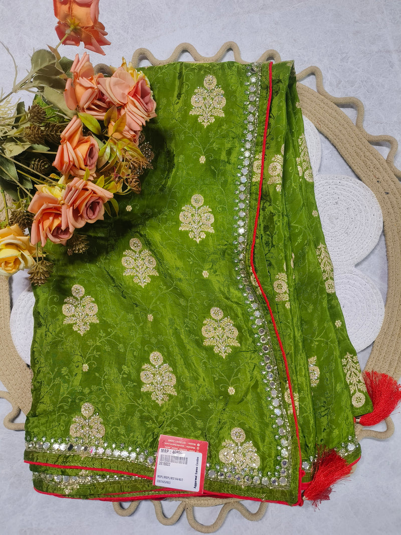 Vibrant Green Dola Silk Saree with Mirror Work Border