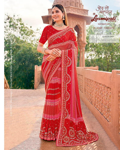 Radiant Red Laxmipati Georgette Saree with Sequin Border and Bandhani Print