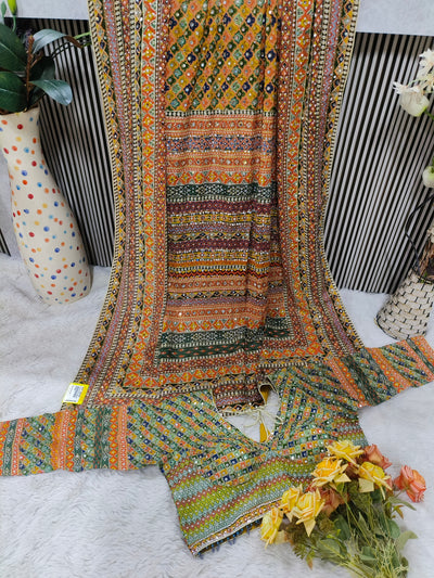 Vibrant Multi-Color Patchwork Georgette Saree with Mirror Work