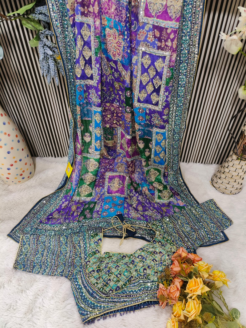Vibrant Multi-Color Patchwork Georgette Saree with Ornate Sequin Blouse
