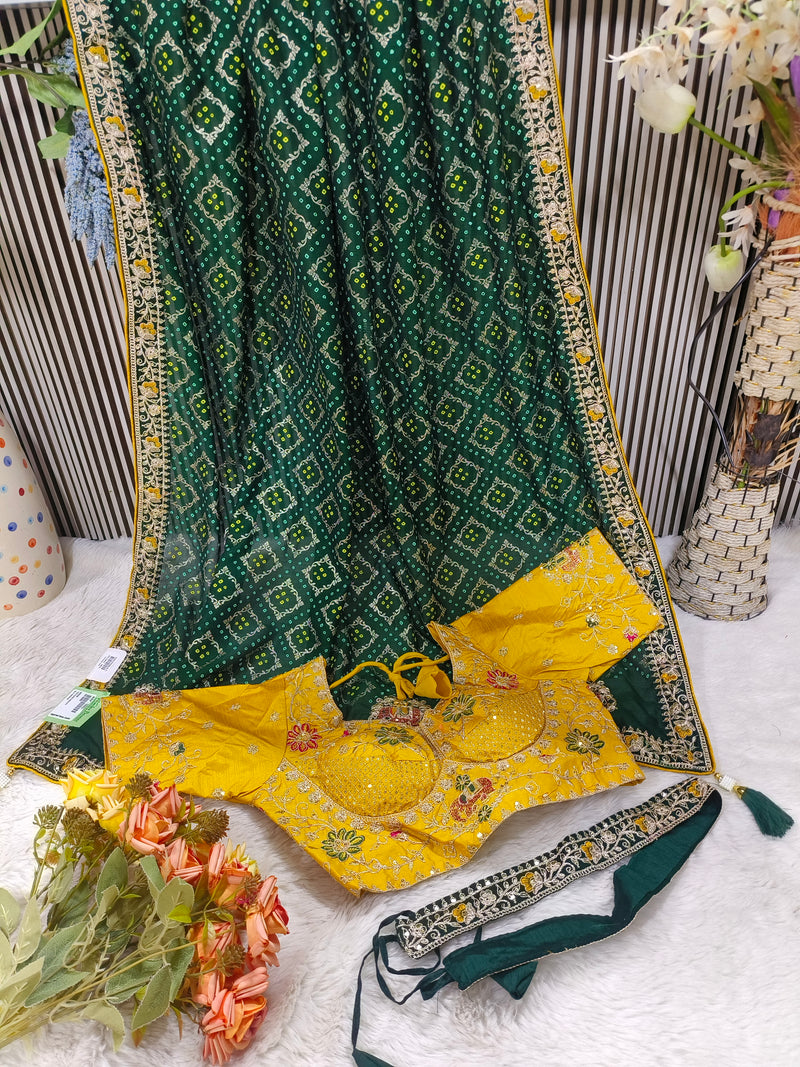 Traditional Red Bandhani Silk Saree with Contrasting Yellow Embroidered Blouse