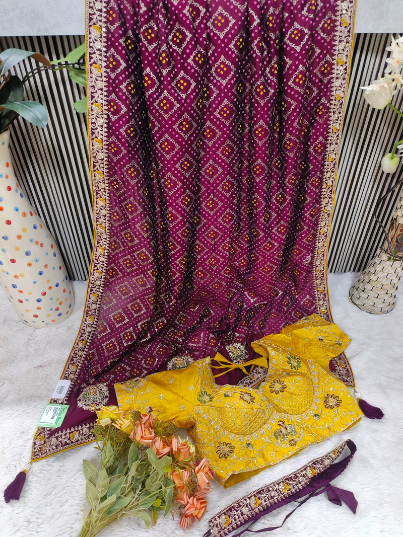 Traditional Red Bandhani Silk Saree with Contrasting Yellow Embroidered Blouse