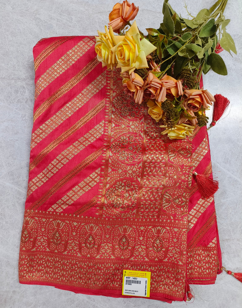Elegant Rani Pink Banarasi Silk Saree with Golden Zari Stripes