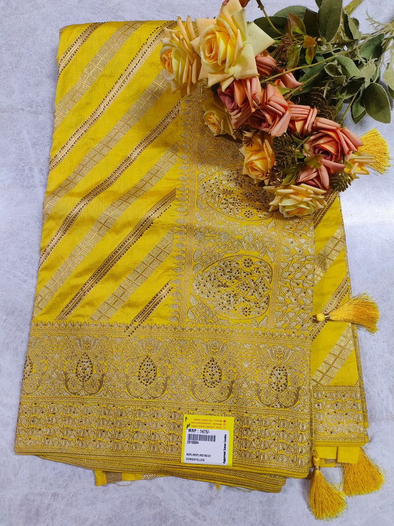 Elegant Rani Pink Banarasi Silk Saree with Golden Zari Stripes