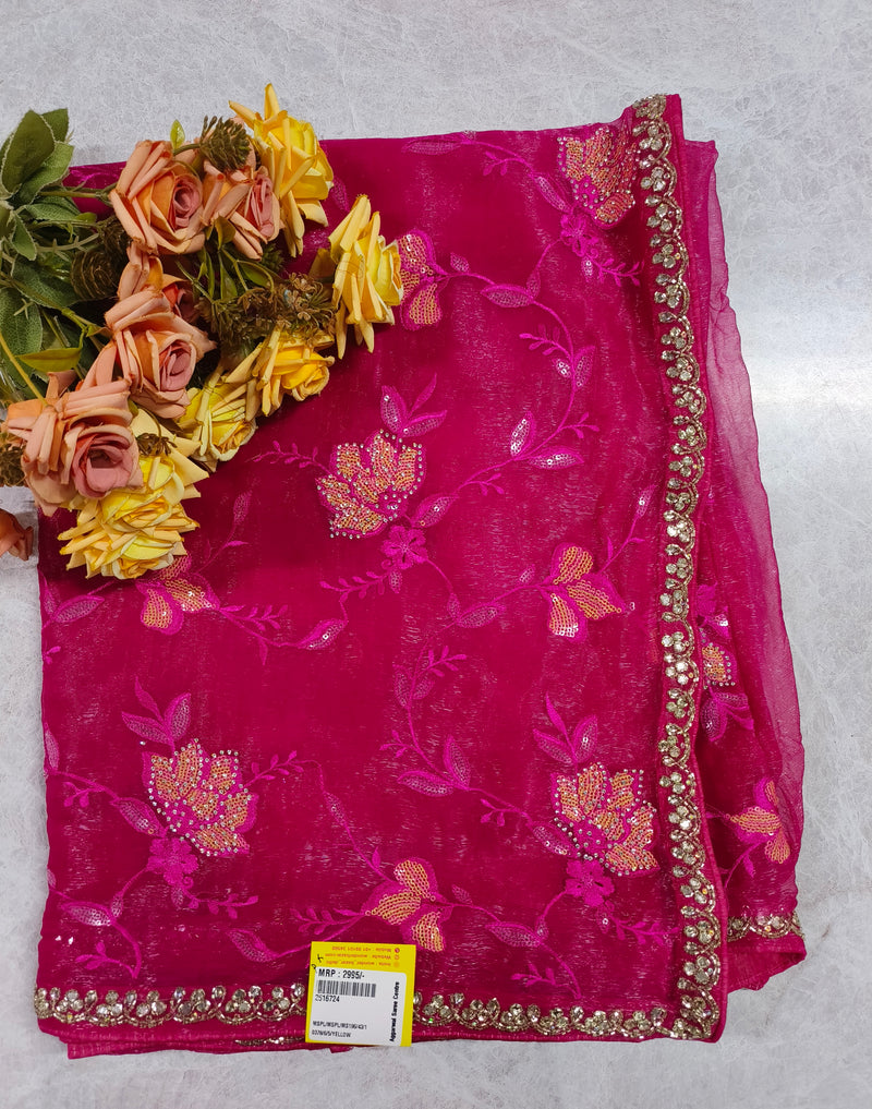Enchanting Fuchsia Pink Embroidered Net Saree with Stone Work