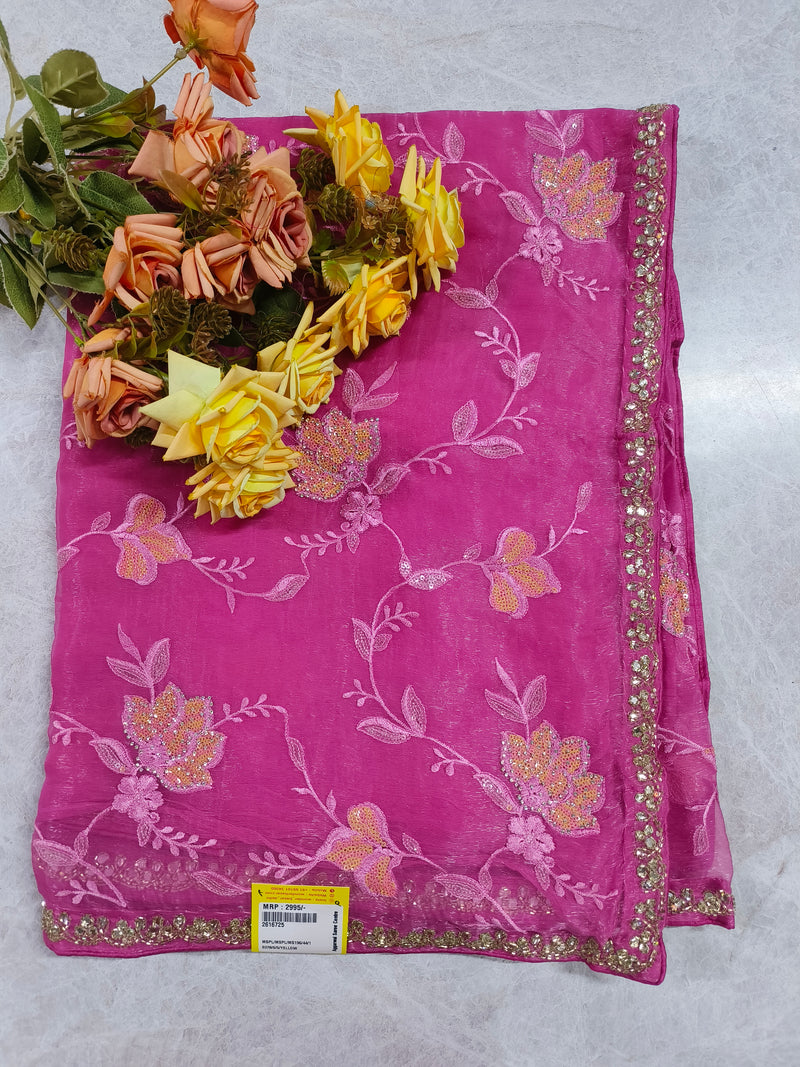 Enchanting Fuchsia Pink Embroidered Net Saree with Stone Work