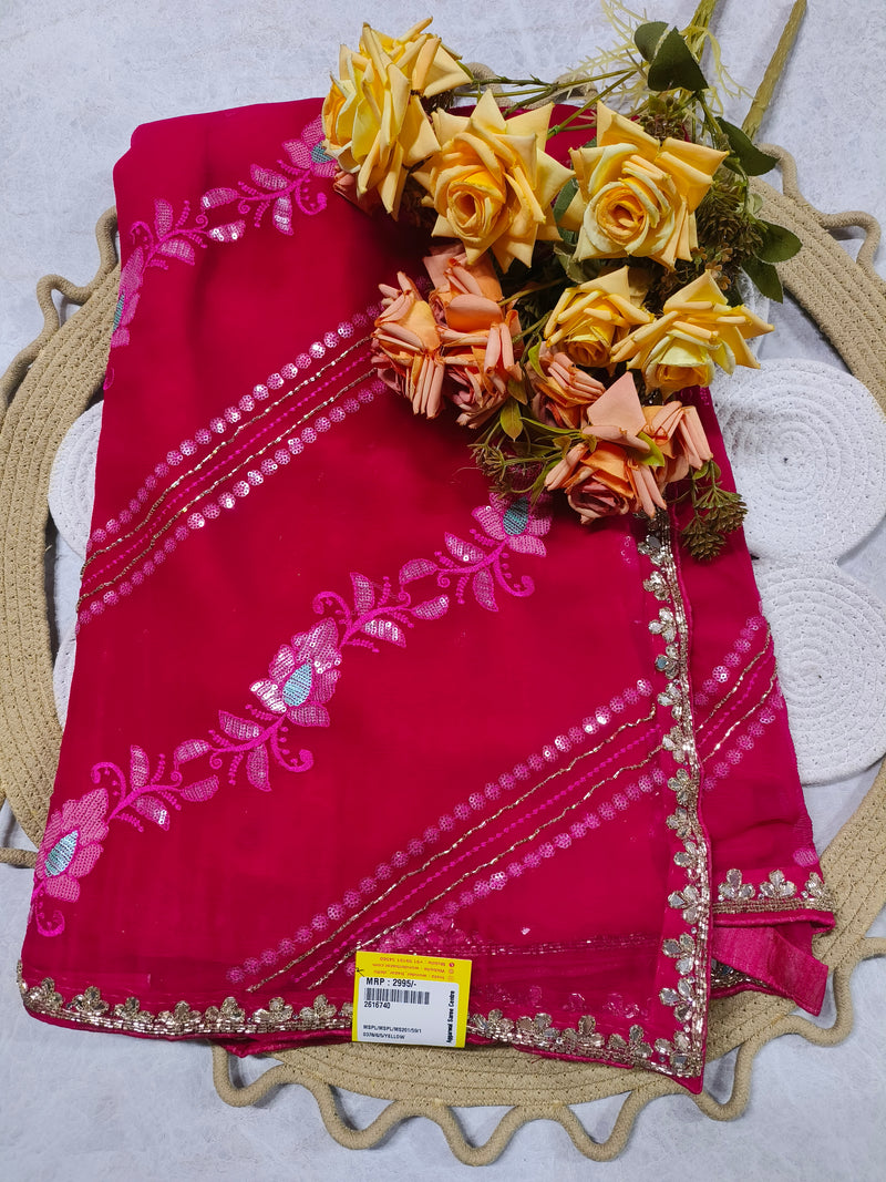 Radiant Magenta Pink Georgette Saree with Shimmering Sequin Floral Embroidery