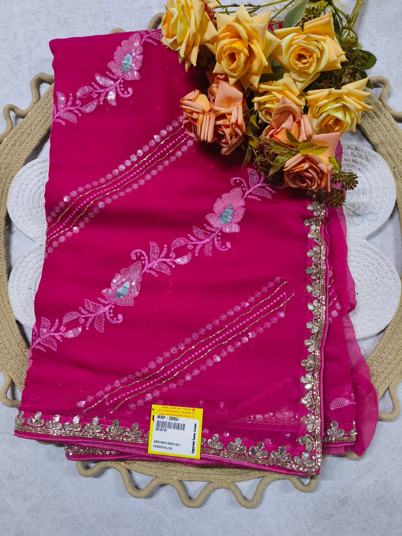 Radiant Magenta Pink Georgette Saree with Shimmering Sequin Floral Embroidery