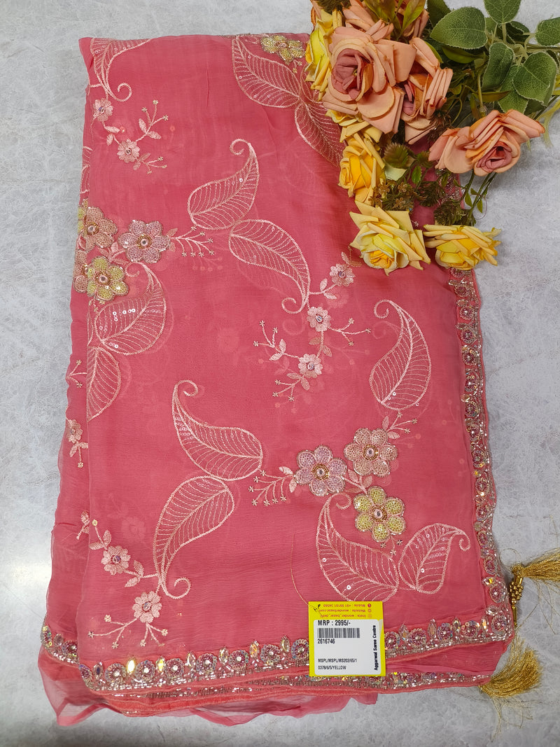 Vibrant Yellow Georgette Saree with Golden Paisley Sequin Embroidery