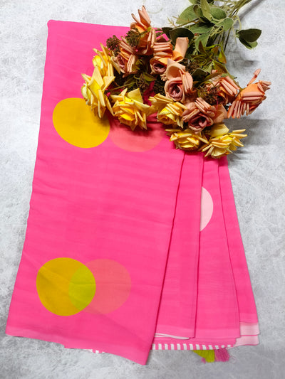 Vibrant Pink Chiffon Saree with Multi-Colored Polka Dot Print