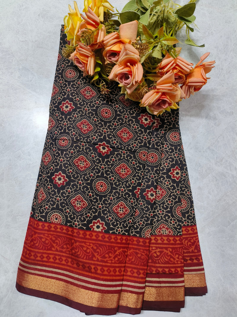 Royal Black & Red Cotton Silk Saree with Traditional Block Print