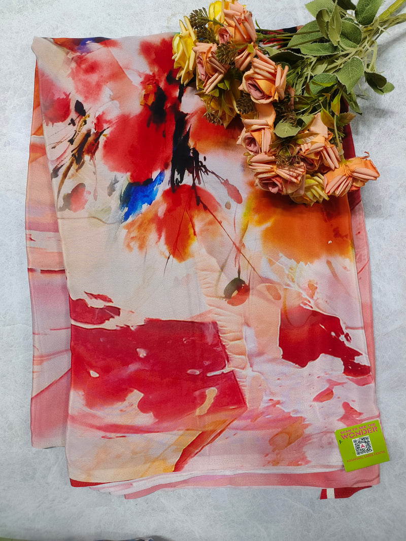 Modern Red and Peach Abstract Watercolor Print Chiffon Saree