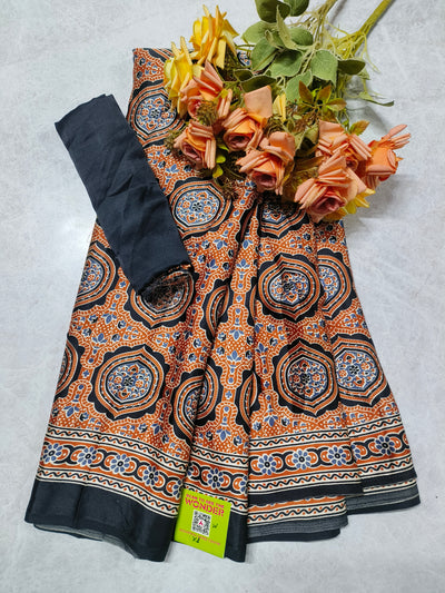 Traditional Rust and Black Mandala Print Saree with Blouse Piece