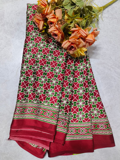 Royal Maroon Geometric Star Print Saree with Festive Border