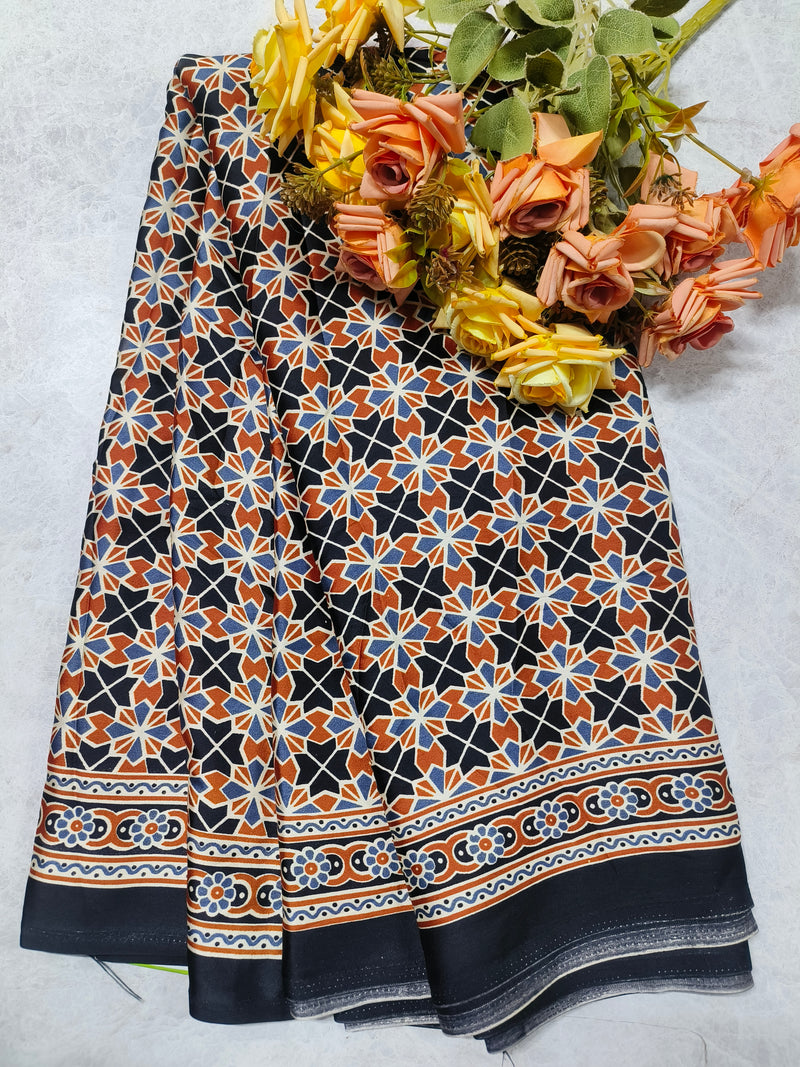 Elegant Navy Blue & Rust Geometric Mosaic Print Georgette Saree