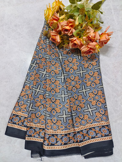 Intricate Paisley & Cross Motif Navy Blue Printed Saree