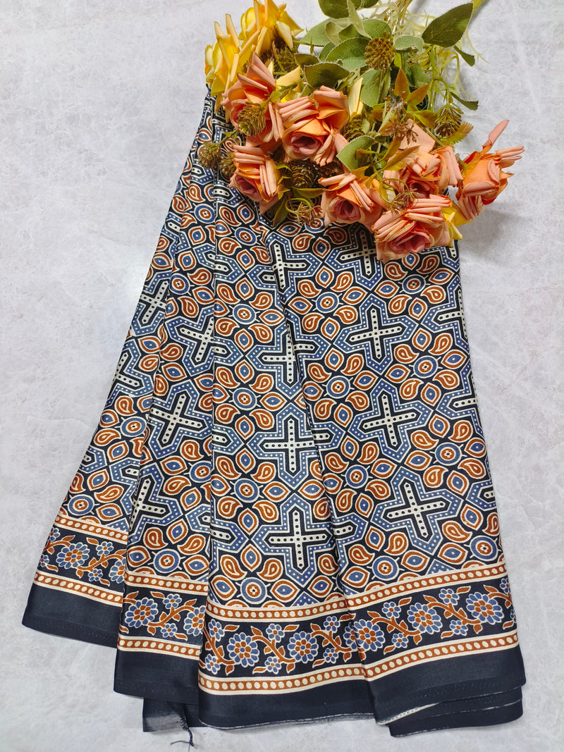 Intricate Paisley & Cross Motif Navy Blue Printed Saree