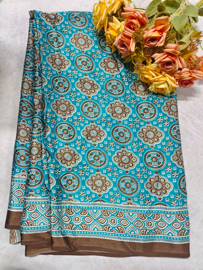 Vibrant Teal Turquoise Mandala Print Cotton Silk Saree