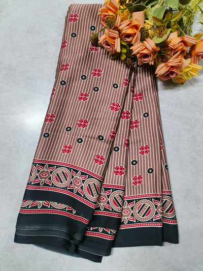 Classic Earthy Brown Striped Saree with Red Floral Accents