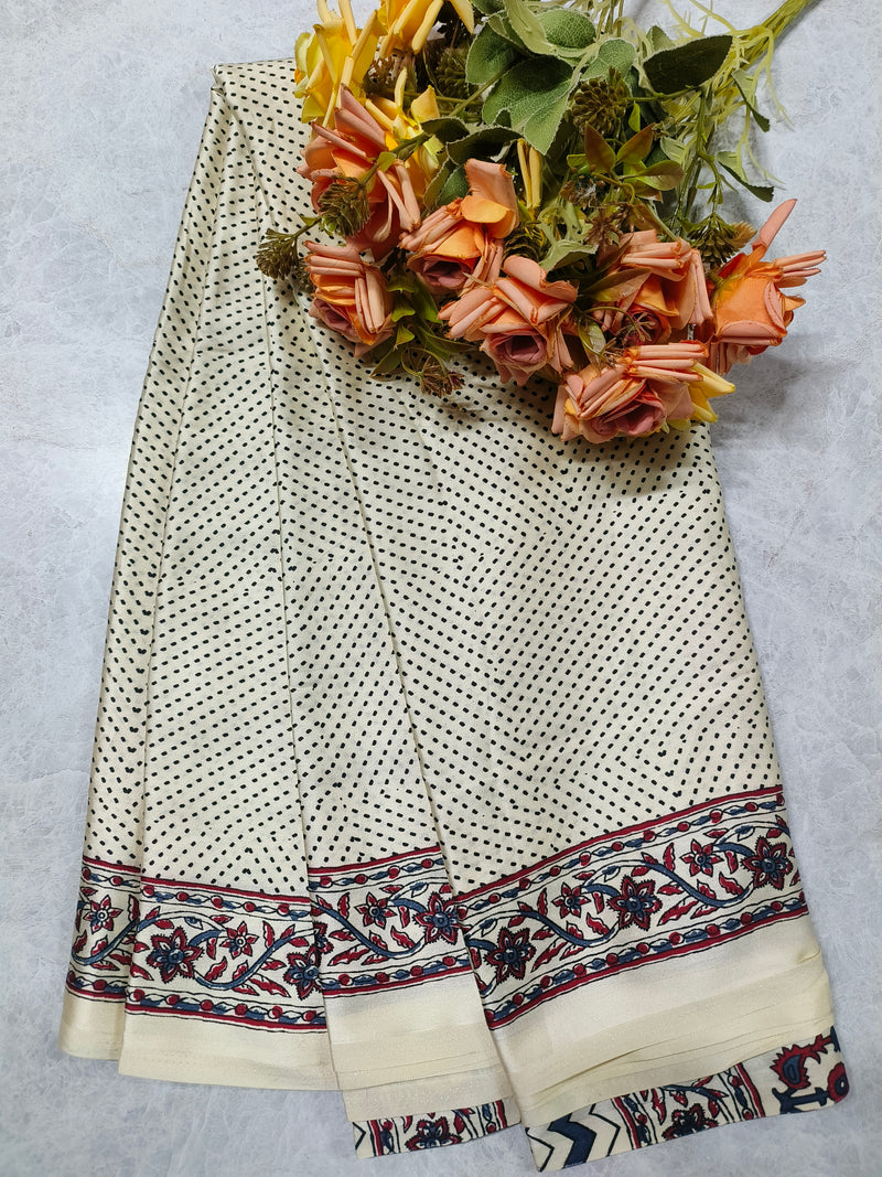 Vintage Cream Polka Dot Saree with Floral Kalamkari Border