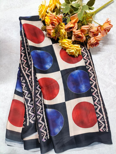 Chic Geometric Circle Print Satin Saree in Black & White