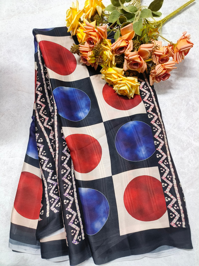 Chic Geometric Circle Print Satin Saree in Black & White