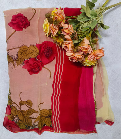 Romantic Peach Pink Chiffon Saree with Bold Rose Prints