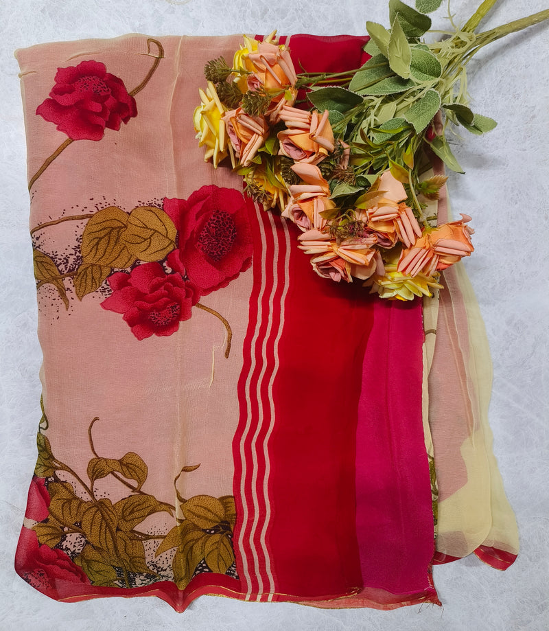Romantic Peach Pink Chiffon Saree with Bold Rose Prints