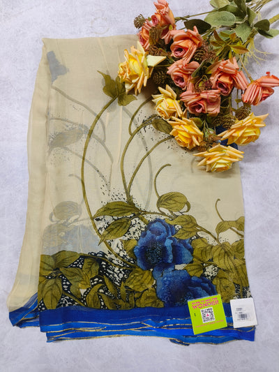 Ethereal Cream Georgette Saree with Blue Floral Artistry