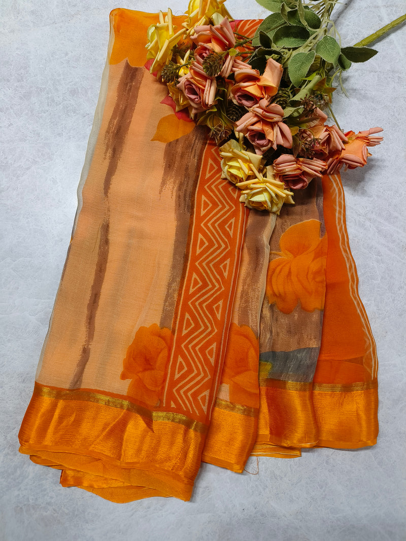 Radiant Orange & Ochre Floral Print Chiffon Saree