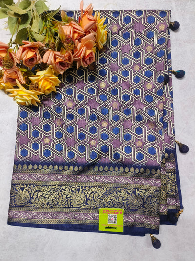 Elegant Navy Blue and Mauve Geometric Saree with Golden Zari Border