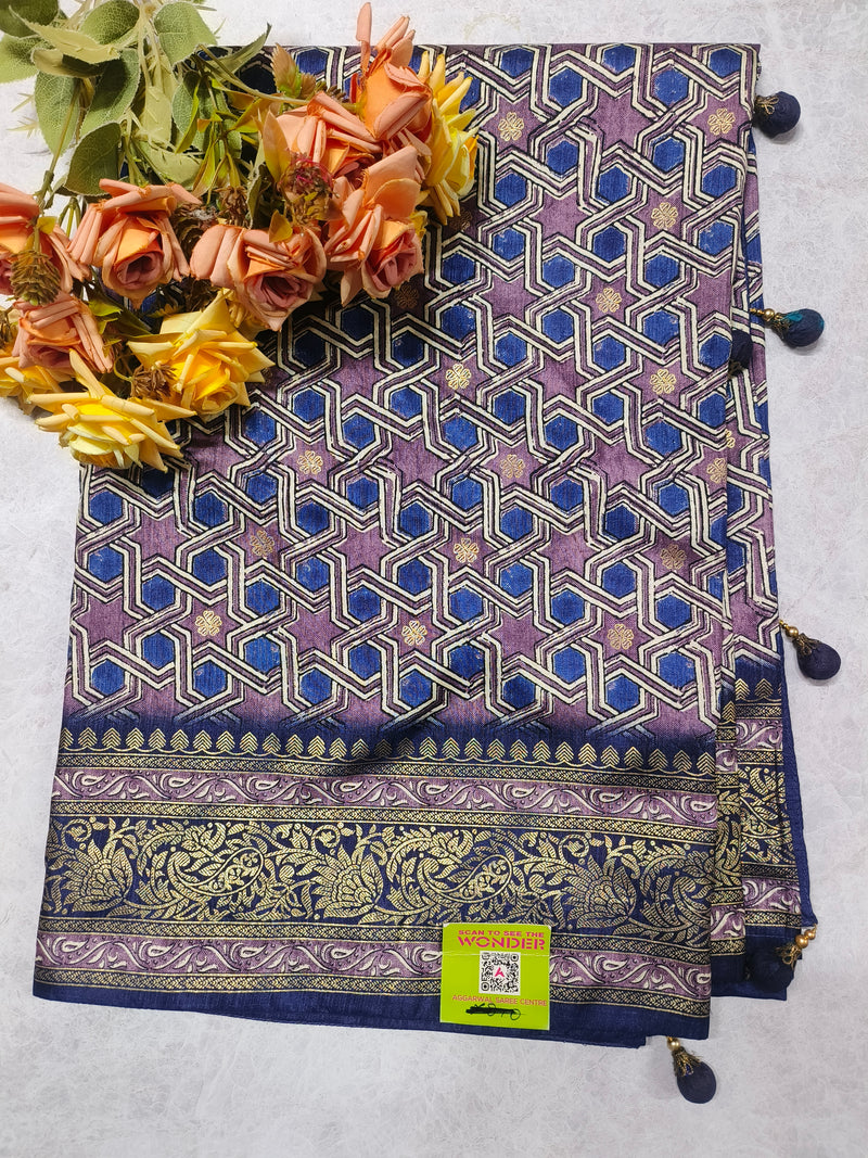 Elegant Navy Blue and Mauve Geometric Saree with Golden Zari Border