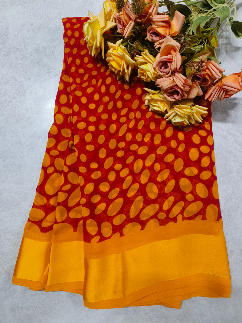 Vibrant Red and Yellow Abstract Polka Dot Saree with Bold Border