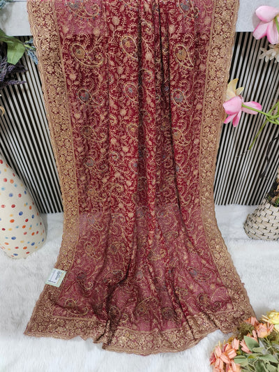 Regal Maroon Georgette Saree with Intricate Gold Zari Paisley Embroidery