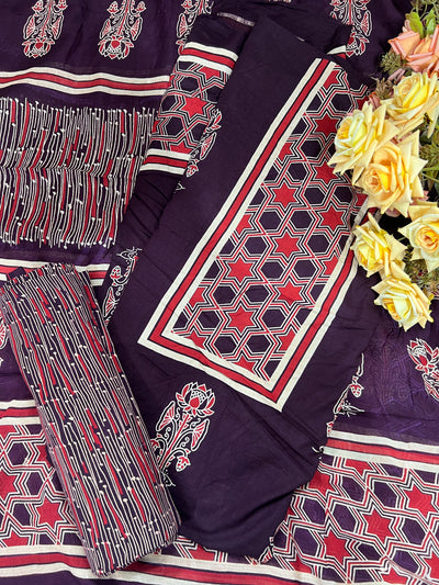 Regal Dark Purple Cotton Unstitched Suit Set with Star Geometric Prints