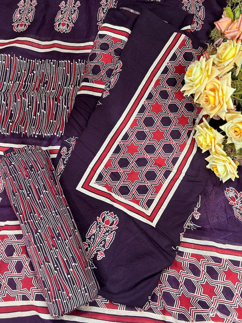 Regal Dark Purple Cotton Unstitched Suit Set with Star Geometric Prints