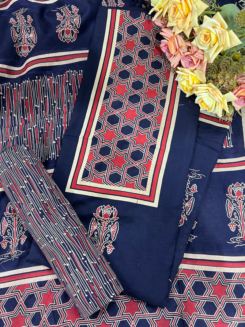 Regal Dark Purple Cotton Unstitched Suit Set with Star Geometric Prints