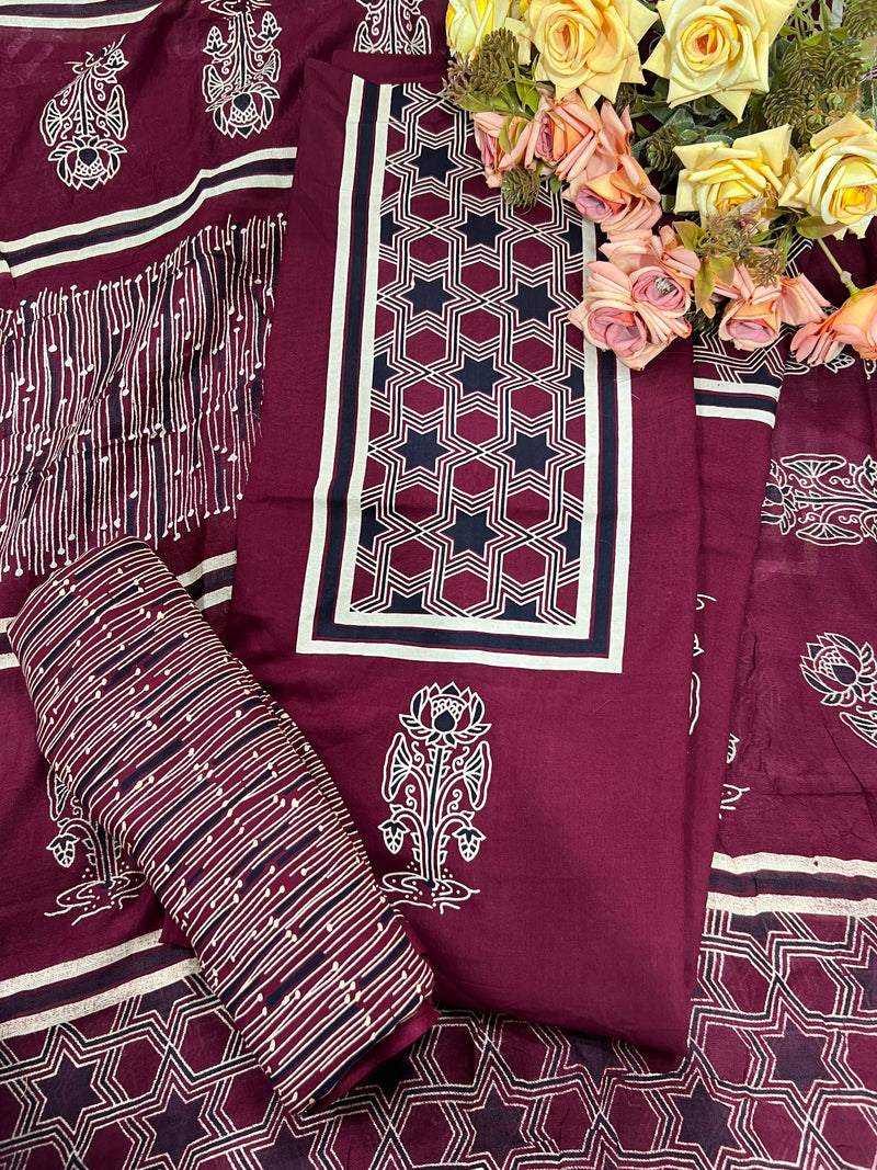 Regal Dark Purple Cotton Unstitched Suit Set with Star Geometric Prints