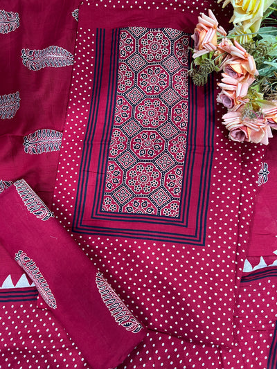 Vibrant Deep Red Polka Dot Cotton Suit with Geometric Center Panel