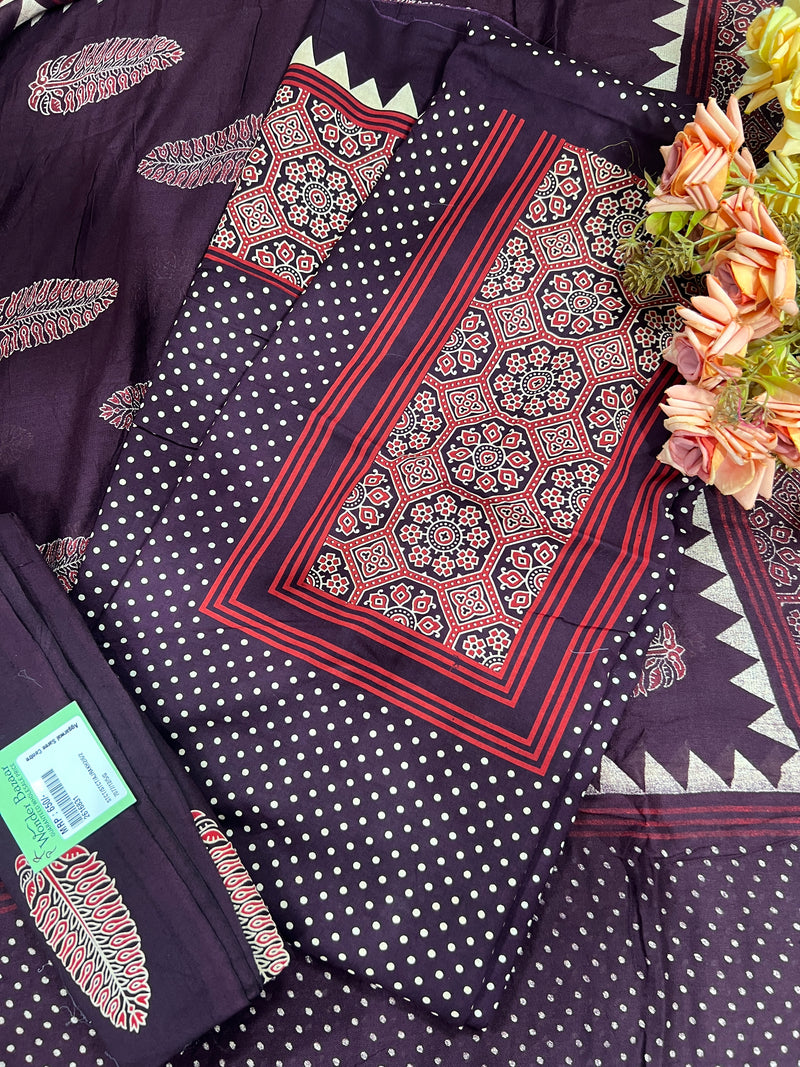 Vibrant Deep Red Polka Dot Cotton Suit with Geometric Center Panel
