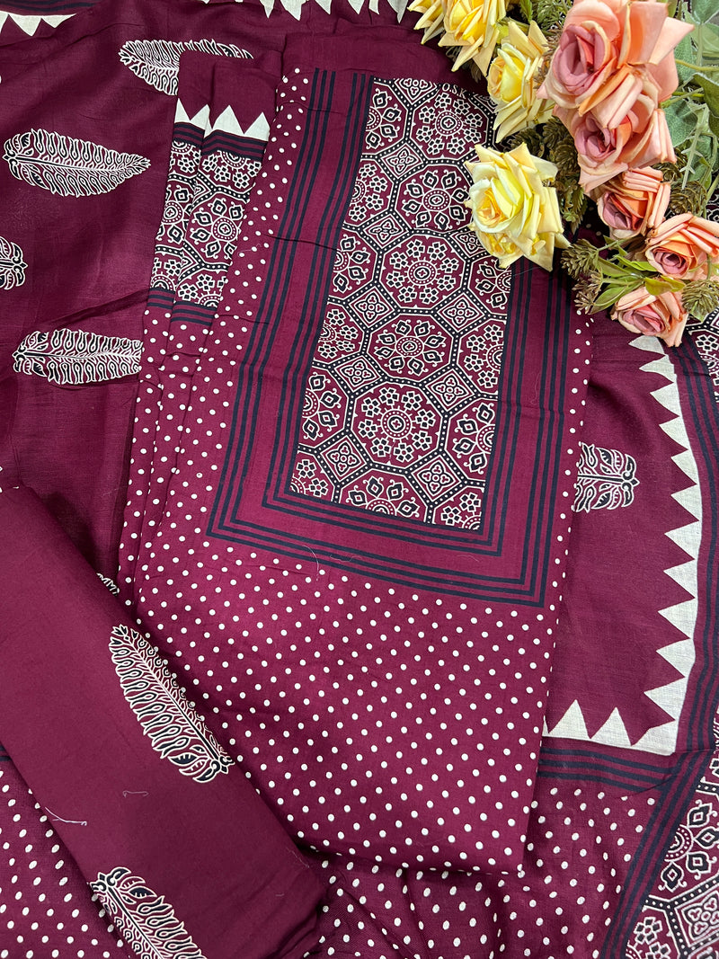 Vibrant Deep Red Polka Dot Cotton Suit with Geometric Center Panel