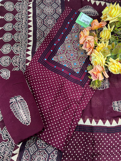 Elegant Maroon Cotton Unstitched Suit with Traditional Bandhani Print