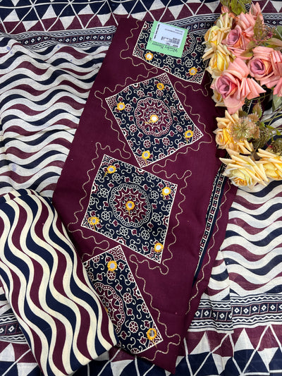 Stunning Burgundy Cotton Suit with Mirror Work and Leheriya Dupatta